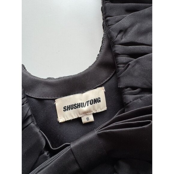 SHUSHU/TONG Black Duchess Satin Organza Ruffle U-Neck Mini Swing Dress, Size 4 - Picture 12 of 16